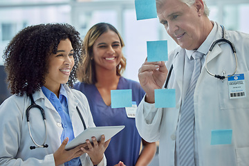 Image showing Planning, training and doctors teamwork on glass board for healthcare management and internship workflow on sticky note. Medical students, people or woman with manager writing ideas for clinic goals