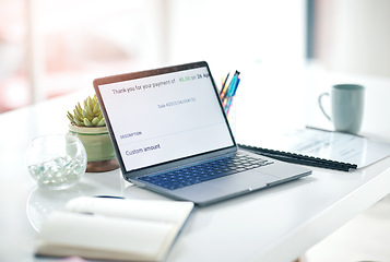Image showing Online payment confirmation, laptop and empty office with ecommerce pay slip from web shopping. Digital, checkout notification and computer transaction sale on a website with isolated workspace