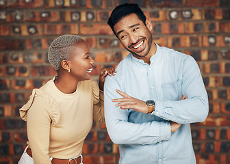 Image showing Young, professional team and partnership, laugh with teamwork and friends against wall background. Happy working together, creative pair and diversity, black woman and man, collaboration and trust