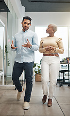 Image showing Business people walking, talking and planning company strategy, career development and management in office. Diversity staff, employees or black woman with partner discussion, advice or project ideas