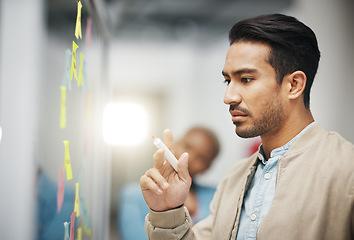 Image showing Asian man, thinking and planning business schedule for brainstorming, project or tasks at the office. Thoughtful creative male with marker for idea strategy, decision or sticky note plan on board