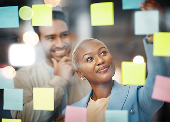 Image showing Writing, planning and business people with schedule, teamwork or agenda, sticky note or innovation. Idea, partnership and black woman leader with goal, visual or problem solving, calendar or solution