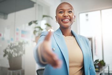 Image showing Black woman, handshake and business partnership for trust, support or deal in collaboration or meeting at office. African American female employee shaking hands for introduction interview or greeting