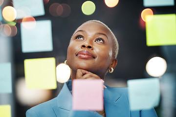 Image showing Thinking, vision and black woman with schedule, planning and agenda, sticky notes and bokeh background. Idea, face and female leader with goal, visual and problem solving, calendar and management