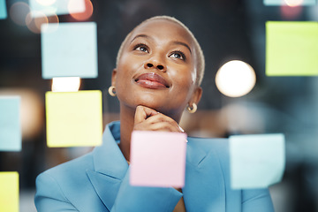 Image showing Vision, thinking and black woman with schedule, planning and agenda, sticky notes and bokeh background. Idea, face and female leader with goal, visual and problem solving, calendar and management