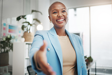 Image showing Black woman, handshake and business partnership for support, trust or deal in collaboration or meeting at office. African American female employee shaking hands for introduction interview or greeting