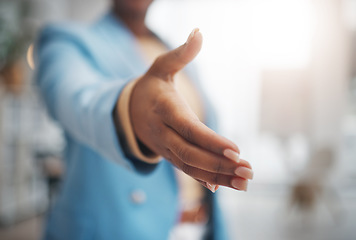 Image showing Business woman, handshake and partnership for support, trust or deal in collaboration or meeting at office. Female employee shaking hands for introduction, interview or greeting in teamwork at work