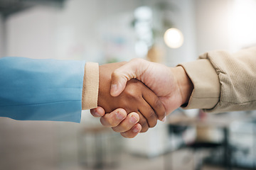 Image showing Business people, handshake and partnership in collaboration for trust, unity or teamwork at the office. Employees shaking hands in meeting, b2b or agreement for team greeting, welcome or deal at work