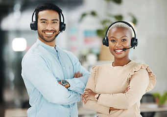 Image showing Business people, call center and portrait smile with arms crossed for teamwork collaboration in customer service at the office. Happy asian man and black woman consultant smiling for online advice
