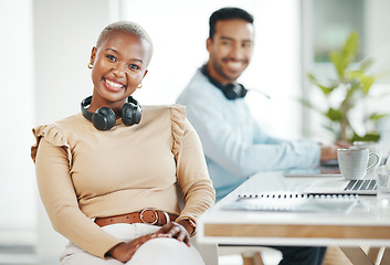 Image showing Portrait, business smile and black woman in office with coworker and pride for career or profession. Boss, headphones and happy, confident and proud African female entrepreneur with success mindset.