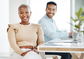 Image showing Portrait, business smile and black woman in office with coworker and pride for career or profession. Boss, professional and happy, confident and proud African female entrepreneur with success mindset