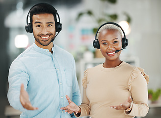 Image showing Business people, call center and portrait smile for teamwork collaboration in customer service at the office. Happy asian man and black woman consultant or agent smiling for online advice or help