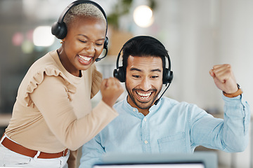 Image showing Asian man, call center and team celebration for winning, bonus or discount sale on laptop in telemarketing at office. Happy and excited male consultant with colleague for win, victory or promotion