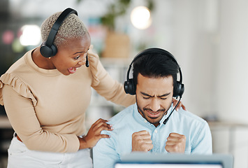 Image showing Customer service, excited cheers or happy man celebrate tech support success, achievement or ecommerce winner. Congratulations, call center team or telemarketing consultant with winning trading sales