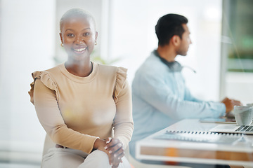 Image showing Portrait, business smile and black woman in office with coworker and pride for career or profession. Boss, professional and happy, confident and proud African female entrepreneur with success mindset