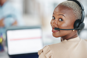 Image showing Black woman, call center and face with headphones for consulting, customer service or support at office. Portrait of friendly African American female consultant agent smiling with headset for advice
