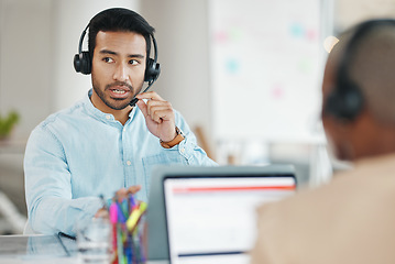 Image showing Customer support, office headset and man talking on telemarketing communication, contact us CRM or ERP telecom. Male ecommerce consultant, call center service or tech support consulting on microphone