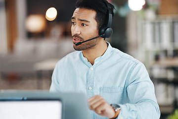 Image showing Customer service, office headset and man talking on telemarketing communication, contact us CRM or ERP telecom. Male ecommerce consultant, call center support or tech support consulting on microphone