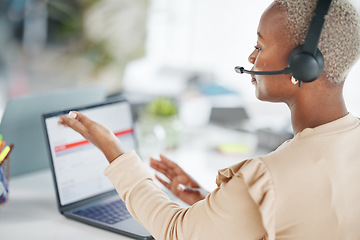 Image showing Black woman, call center and consulting with headphones on laptop for customer service or support at office desk. African American female consultant agent talking on computer with headset for advice