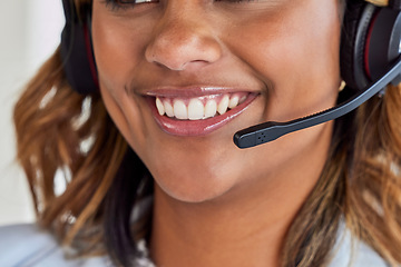 Image showing Telecom, call center or mouth of happy woman in lead generation for communications company. Friendly smile, crm or zoom of Indian girl sales agent working online in technical or customer support