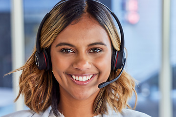 Image showing Telecom, call center or portrait of happy woman in lead generation for communications company. Friendly smile, crm or face of Indian girl sales agent working online in technical or customer support