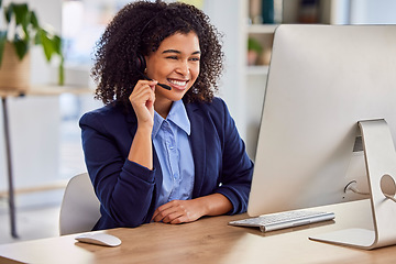 Image showing Contact us, call center or happy woman consultant in lead generation for communications company. Friendly smile, crm or girl insurance sales agent working online in technical or customer services