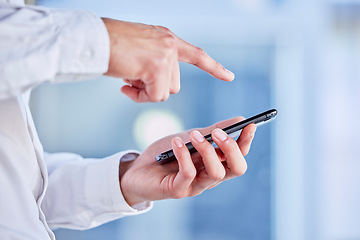 Image showing Hands, phone and touchscreen with a business man in his office, closeup for communication or networking. Mobile, contact and internet with a male employee typing a text message or making a call