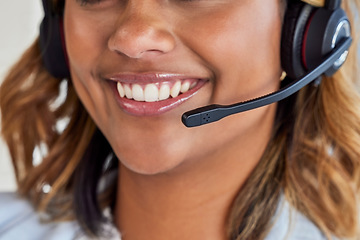 Image showing Smile, call center or mouth of happy woman in lead generation for communications company. Friendly consultant, crm or zoom of Indian girl sales agent working online in technical or customer support