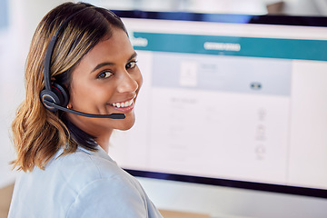 Image showing Contact us, call center or portrait of happy woman by computer screen in communications company. Friendly smile, crm or face of insurance sales agent working online in technical or customer support