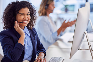 Image showing Contact us, call center or portrait of friendly consultant woman by computer in communications company. Happy smile, crm or face of insurance sales agent working online on telecom customer support pc