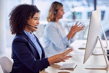 Image showing Contact us, call center or happy woman by computer explaining in communications company office. Friendly smile, crm worker or telemarketing sales agent talking online in telecom customer support