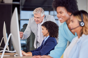 Image showing Leadership, woman training or manager in call center coaching telemarketing employee in customer services. Contact us, crm help desk or senior mentor teaching happy agent on new job by computer