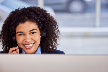 Image showing Smile, call center portrait or happy woman consultant in lead generation for communications company. Friendly crm, contact us or girl insurance sales agent working online in telecom customer services