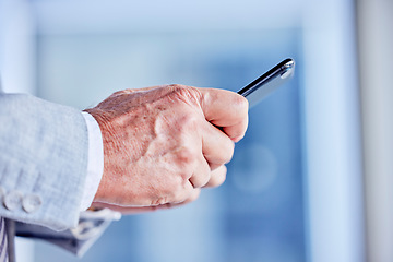 Image showing Hands, phone and email with a business man in his office, closeup for communication or networking. Mobile, contact and internet with a male employee typing a text message or making a call