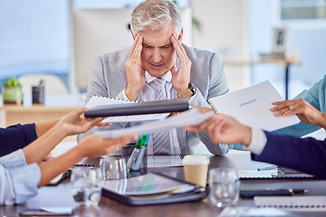 Image showing Businessman in meeting with headache pain, burnout or stress with mental health emergency in work office. Senior company manager with anxiety, hands and frustrated with migraine problems or fatigue