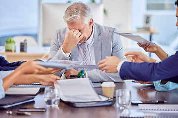 Image showing Businessman in meeting with headache, burnout or stress with mental health emergency in work office. Senior company manager with anxiety, sick and frustrated with migraine pains, problems or fatigue