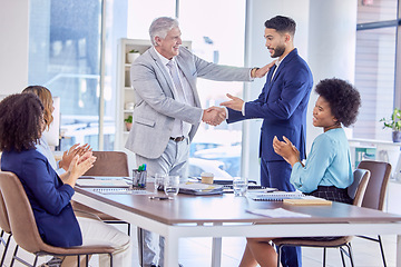 Image showing Handshake, applause or happy business people with success, investment deal or b2b agreement in meeting. HR hiring welcome, thank you or job interview negotiation with senior human resources manager