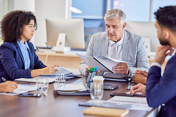 Image showing Reading documents, portfolio or business people in meeting planning a financial strategy for revenue or sales growth. Vision teamwork or senior company employees working on finance report paperwork