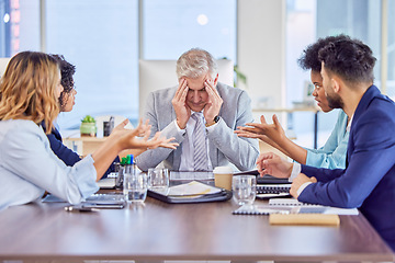 Image showing Businessman in meeting with headache, anxiety or stress with mental health emergency in work office. Sick senior company manager with burnout and frustrated with migraine pain, problems or fatigue