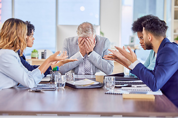 Image showing Senior businessman in meeting with headache, anxiety or stress with mental health emergency in work office. Sick company manager with burnout and frustrated with migraine pain, problems or mistake