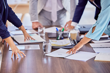 Image showing Paperwork, hands or business people in meeting with teamwork, collaboration or vision together. Mission, zoom or corporate employees working on sale growth strategy data documents or financial goals