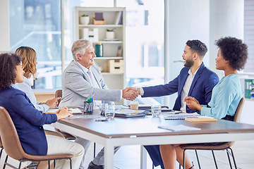 Image showing Handshake, acquisition or happy senior business people at investment deal, b2b contract agreement or meeting. HR hiring welcome, thank you or job interview negotiation with human resources manager