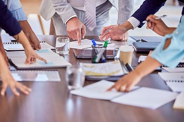 Image showing Documents, hands or business people pointing in meeting with teamwork, collaboration or vision together. Mission, zoom or employees group working on growth strategy paperwork or financial sales goals