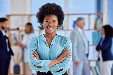 Image showing Black woman, business and leadership, smile with arms crossed in portrait with confidence in workplace. Team leader, management and professional female, ambition and happy with career success