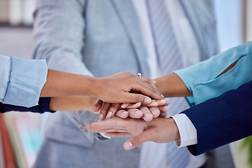 Image showing Support, motivation and hands of business people stacked for teamwork, team building and trust. Collaboration, mission and employees showing solidarity, community and connection in the workplace