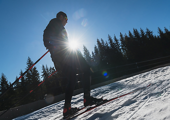 Image showing Nordic skiing or Cross-country skiing classic technique practiced by man in a beautiful panoramic trail at morning.