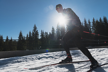 Image showing Nordic skiing or Cross-country skiing classic technique practiced by man in a beautiful panoramic trail at morning.