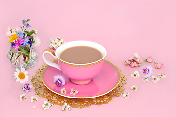 Image showing Afternoon Tea with Spring Flowers and Wildflowers