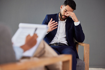 Image showing Sad man consulting therapist in therapy or counseling for mental health, depression or stress help, advice and support. Checklist, evaluation and psychologist with business person or patient talking