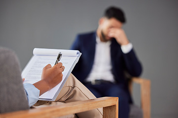 Image showing People in therapy and therapist hands writing, counseling and psychology evaluation support, helping and advice. Checklist, notes and psychologist person listening to sad client and stress problem